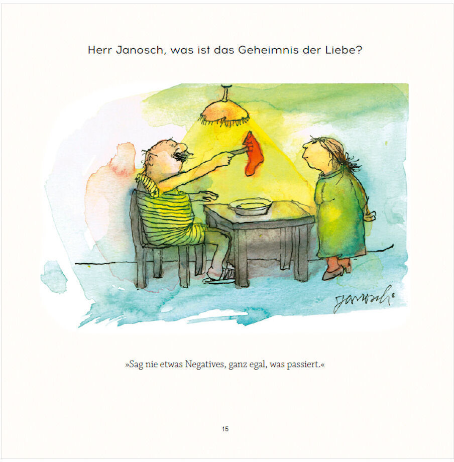 Eine farbenfrohe Illustration von Janosch zeigt zwei Figuren an einem Tisch, beleuchtet von einer Lampe, mit einem Text: 'Herr Janosch, was ist das Geheimnis der Liebe?'.