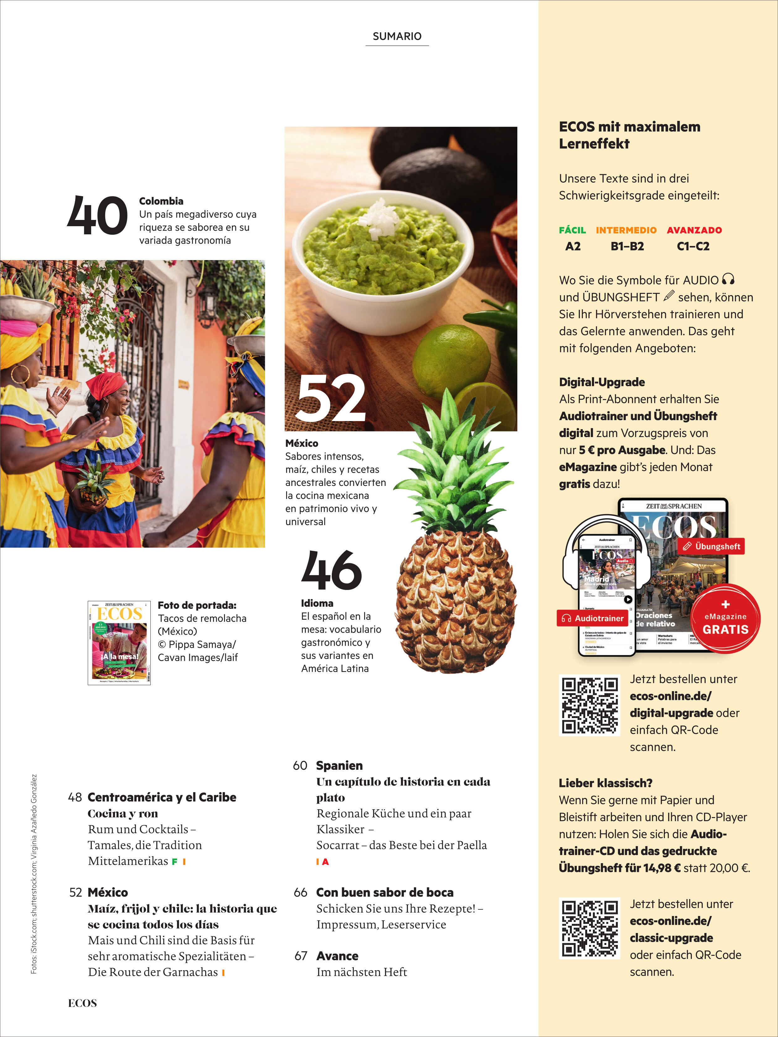 Detaillierte Magazinseite des „Ecos Magazin 4/2026 Sonderausgabe“ vom Spotlight Verlag. Zu sehen sind bunte Fotos aus Kolumbien und Mexiko, ein grünes Guacamole-Dip, eine Ananas und Magazinabbildungen. Links stehen Inhaltsangaben zu verschiedenen Länderseiten. Rechts zentrale Produktinfos sowie ein Angebot zu Gratis-Audioinhalten.