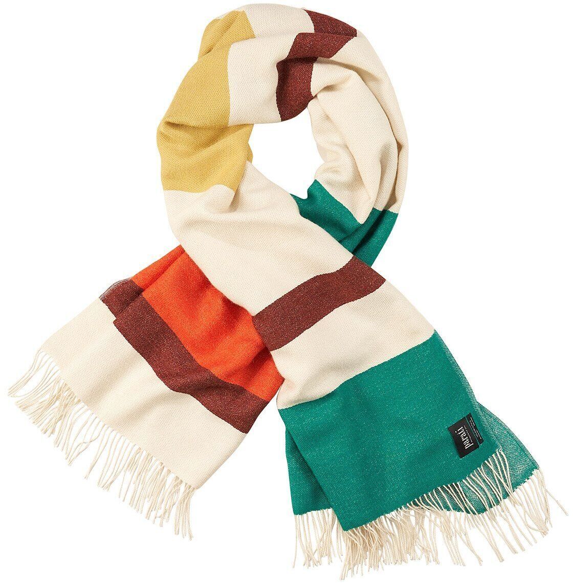 Ein stilvoller Schal von Cape von Parati, dekoriert mit breiten Streifen in den Farben Weiß, Gelb, Braun, Orange und Grün. Die Enden sind mit feinen Fransen versehen. Perfekt als winterliches Accessoire.