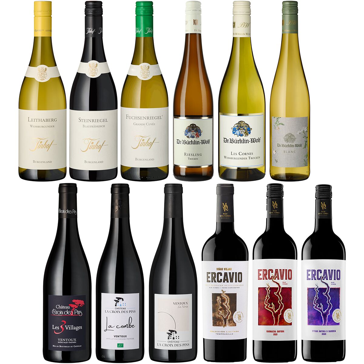 Elf verschiedene Weinflaschen – sechs Weißweine und fünf Rotweine – stehen nebeneinander auf hellem Hintergrund; die Flaschenetiketten sind abwechslungsreich gestaltet und zeigen hochwertige deutsche und europäische Weingüter. Das Probierpaket vermittelt Vielfalt und eignet sich als Geschenk oder zur gemeinsamen Verkostung.