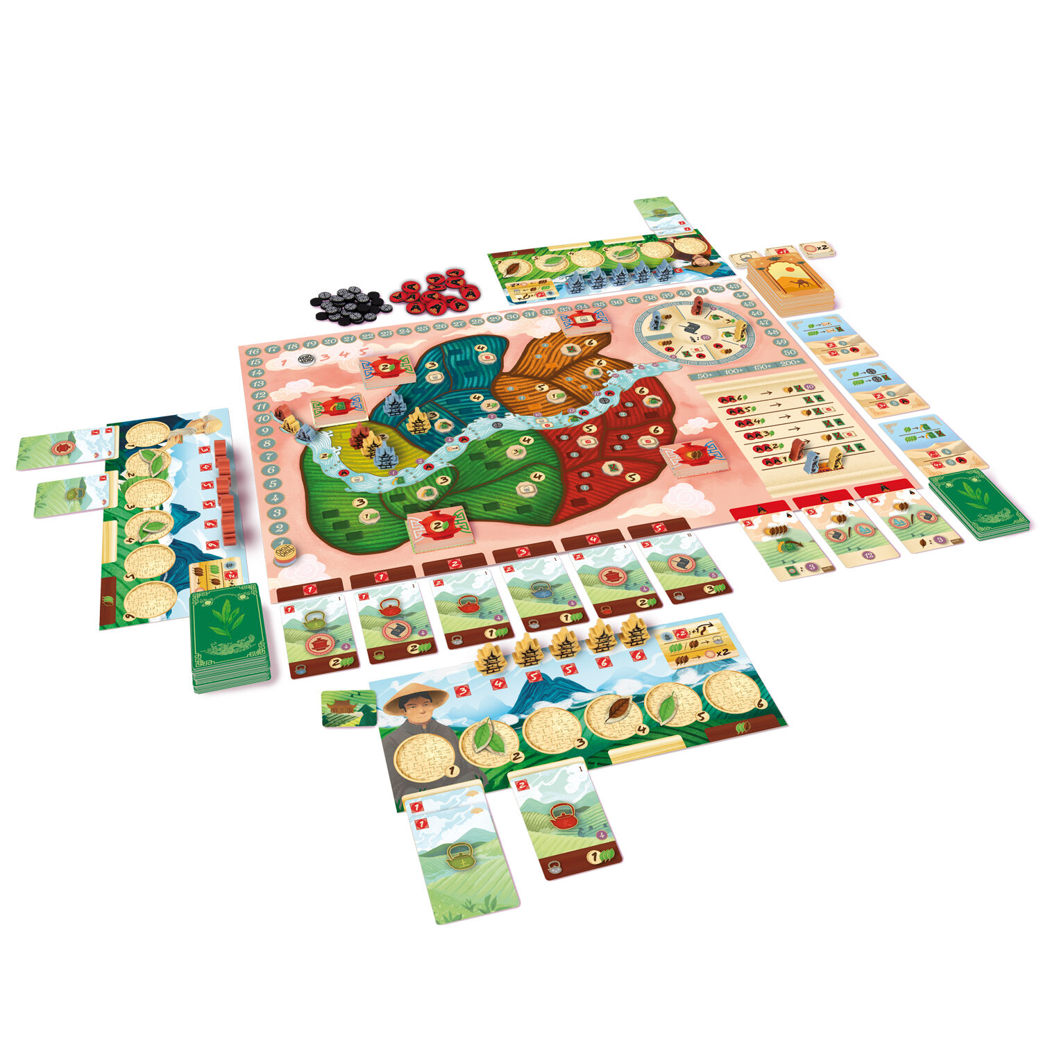Foto zeigt das Brettspiel »Tea Garden« mit detailreichem Spielbrett, farbigen Karten, Spielfiguren und Holzsteinen, thematisch gestaltet als Teeplantage. Das Spielmaterial ist auf einem weißen Hintergrund ausgebreitet, geeignet für Familien und Freundesgruppen.