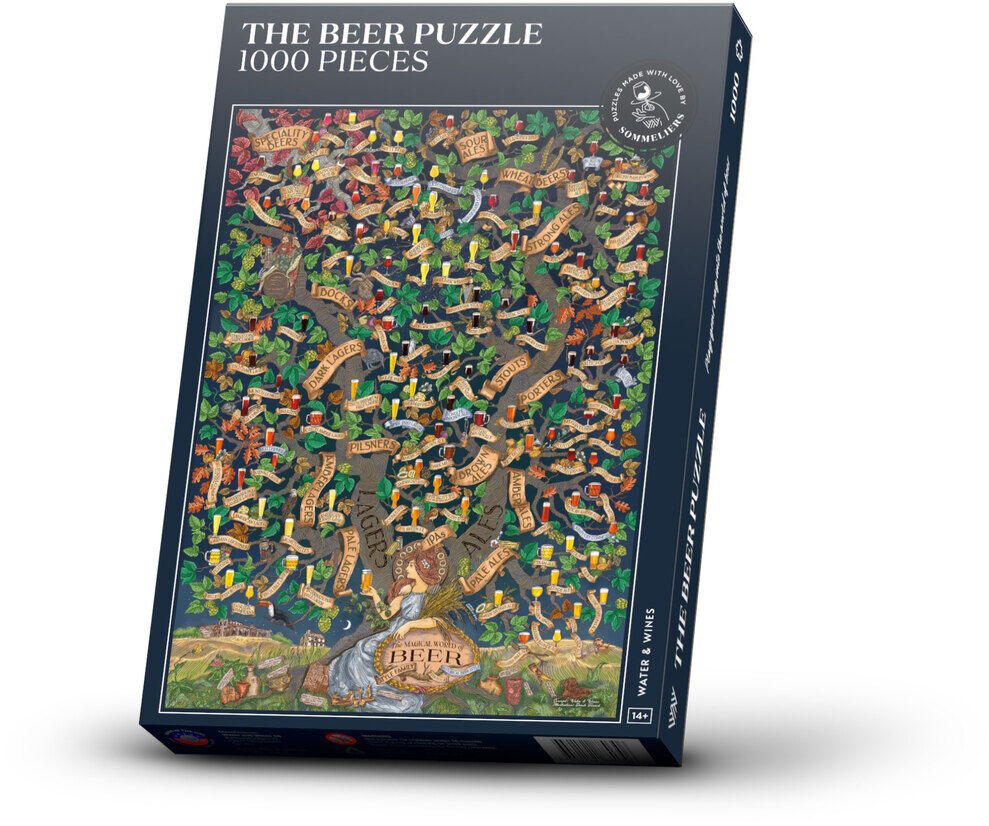 Das Bild zeigt ein Puzzle mit dem Titel 'Bier - Eine Einführung in die Bierstile'. Die Verpackung hat ein buntes Design mit verschiedenen Biersorten. Es ist ein 1000-teiliges Puzzle, geeignet für Erwachsene und Bierliebhaber.