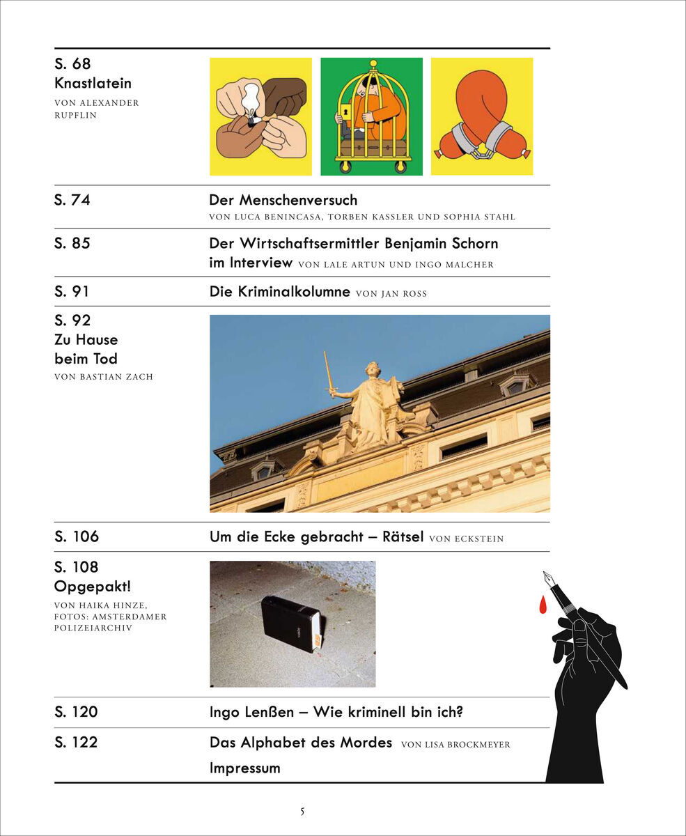 Das Cover des Magazins ZEIT VERBRECHEN 12/21 zeigt mehrere Illustrationen und Fotos zu Themen wie Gefängnis, Verbrechen und Kriminologie. Die Bilder illustrieren verschiedene Geschichten und Artikel des Magazins.
