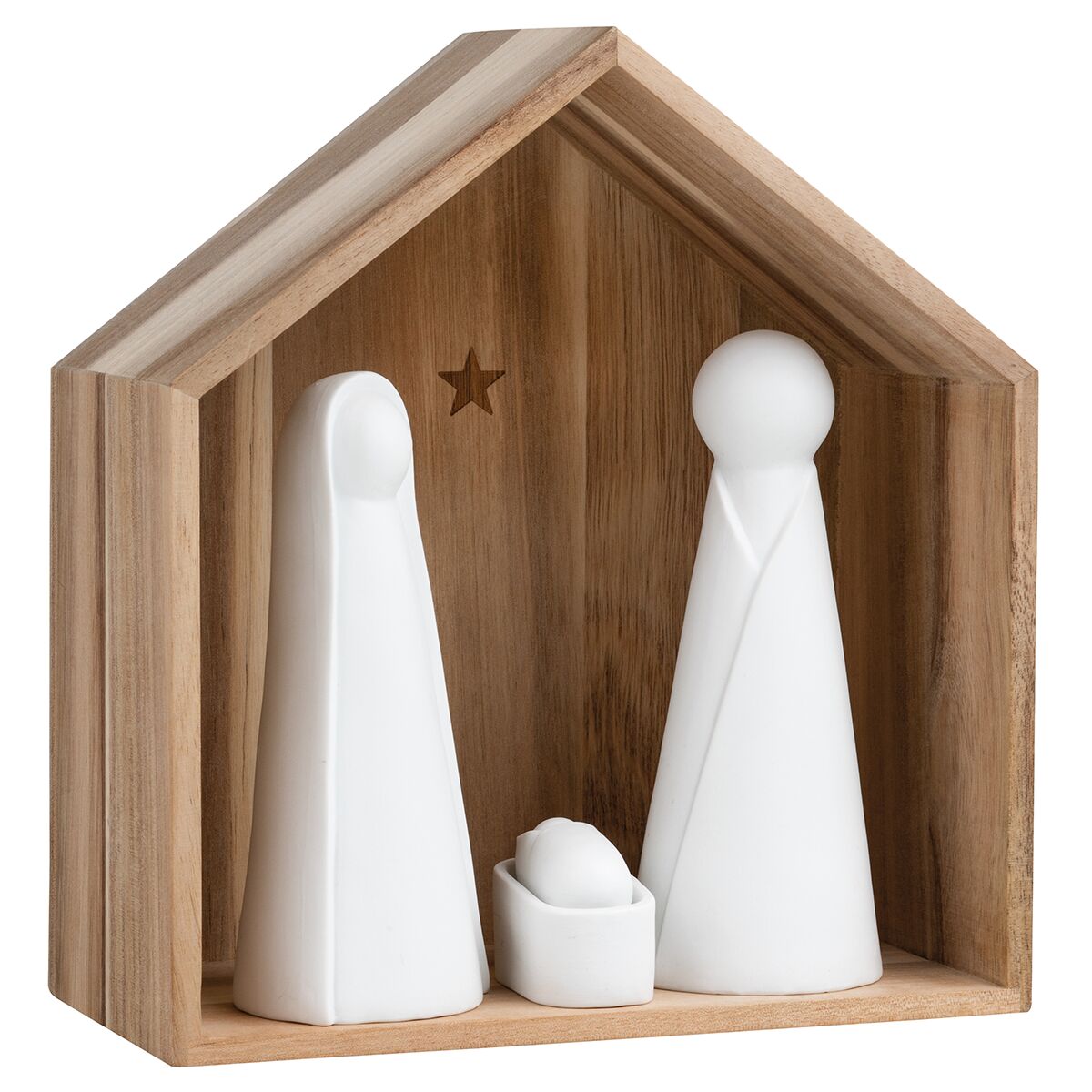 Abgebildet ist eine schlichte Weihnachtskrippe aus Holz mit stilisierten, weißen Figuren von Maria, Josef und dem Jesuskind unter einem offenen Holzdach. Im Hintergrund ist ein ausgestanzter Stern im Holz zu sehen. Die Krippe ist minimalistisch und modern gestaltet.