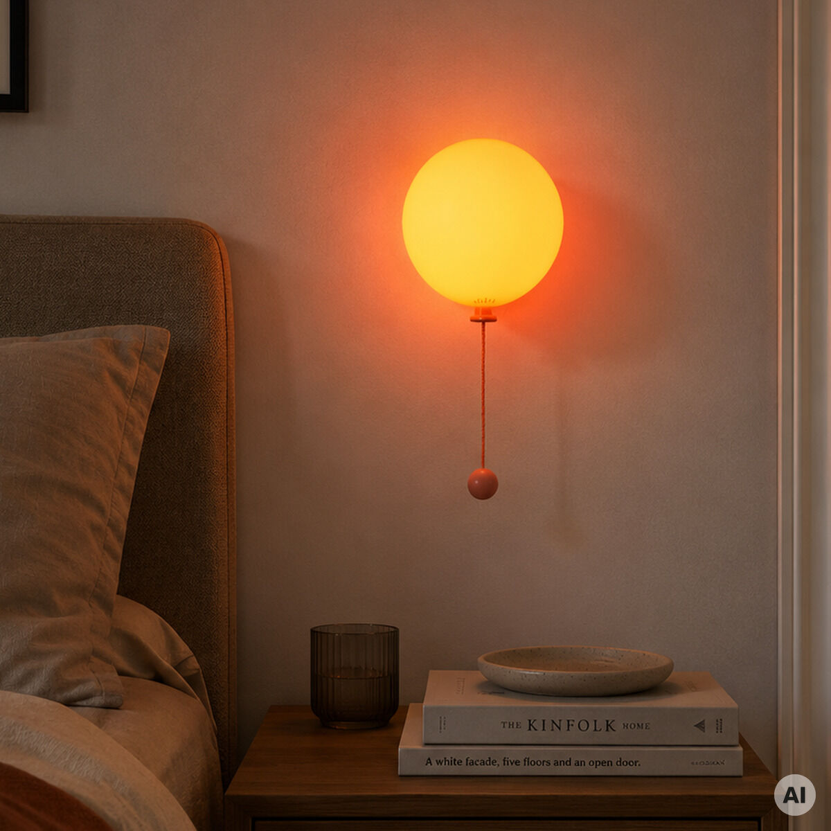 Die Leuchte »Mimo Ballon« von Gingko Design Ltd in honiggelber Lichtfarbe ist als glühender Ballon an einer Schlafzimmerwand montiert. Neben dem modernen Bett steht ein Nachttisch mit Glas, Büchern und Keramik; die Atmosphäre wirkt gemütlich und wohnlich.