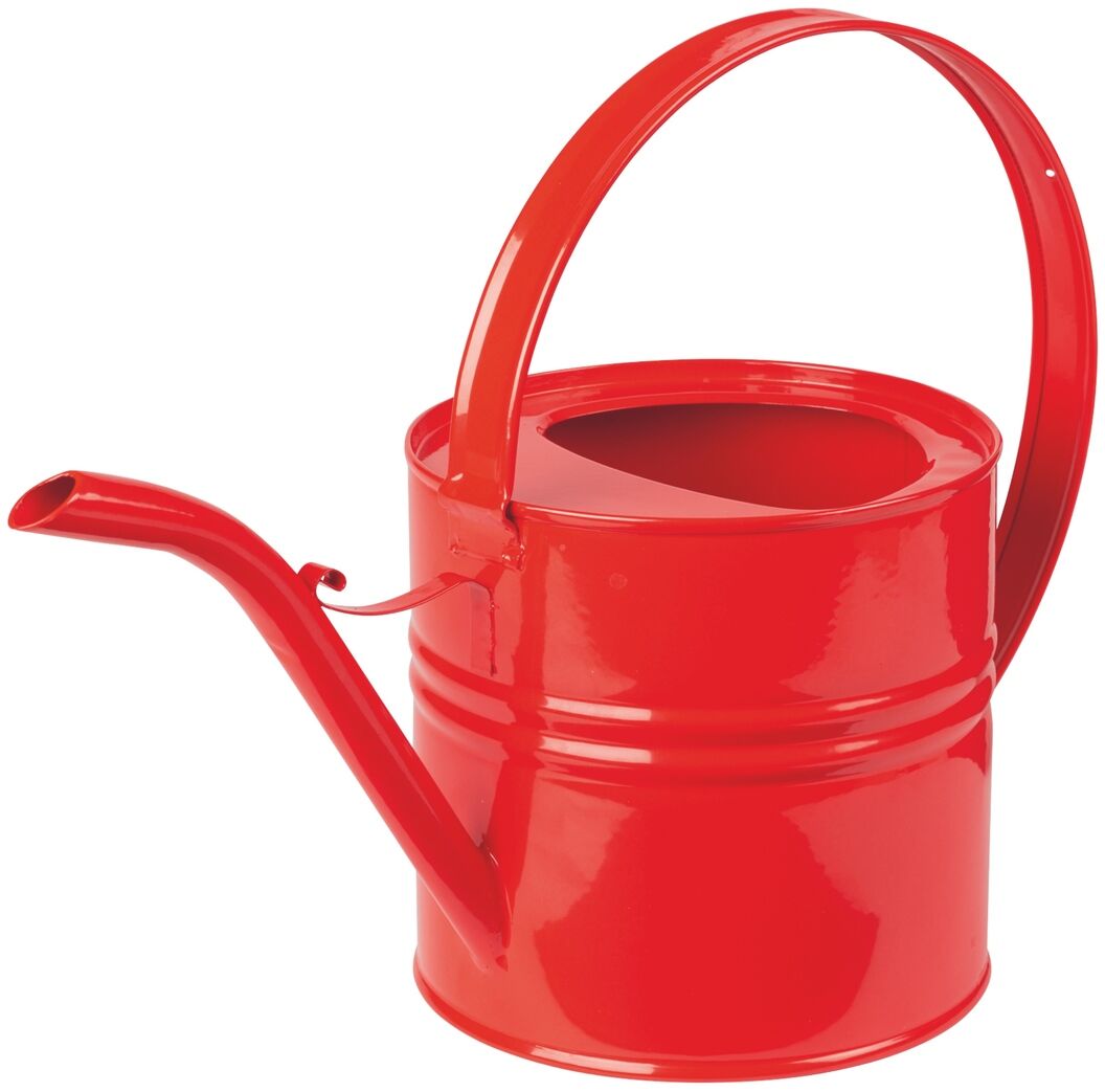 Ein Bild zeigt eine rote Gießkanne für Kinder aus der ZEIT LEO-Edition »Mein kleiner Garten«. Das Spielzeug ist aus glänzendem, roten Material gefertigt und hat einen langen Ausguss und einen halbrunden Griff.