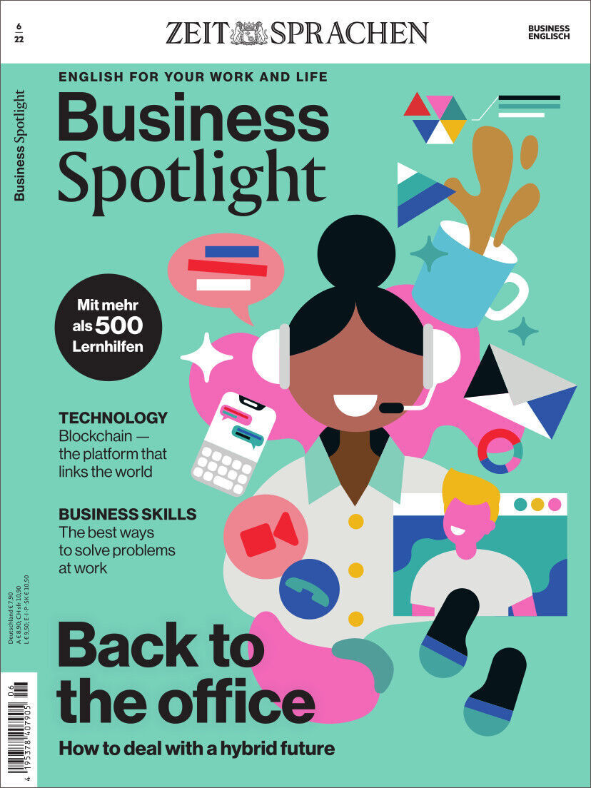 Titelbild des Magazins 'Business Spotlight 06/2022' mit dem Titel 'Back to the office - How to deal with a hybrid future'. Das Bild zeigt stilisierte Büroumgebung und diverse grafische Elemente in kräftigen Farben wie Türkis, Weiß, Rosa, Blau, Rot, Gelb und Braun.