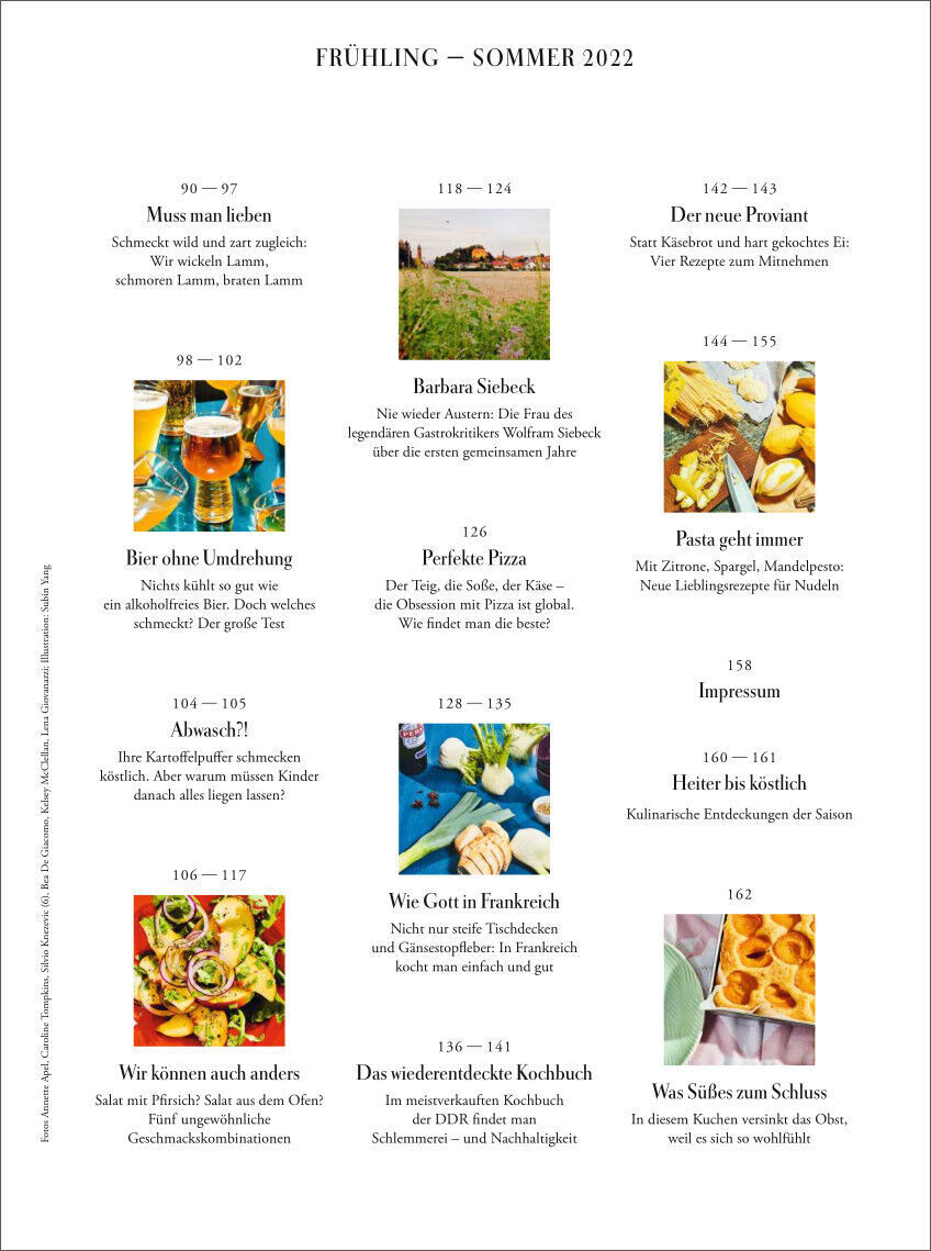 Titelseite des ZEITmagazin WOCHENMARKT 2/22, Frühling - Sommer 2022. Das Cover zeigt verschiedene Bilder von Gerichten und kulinarischen Highlights mit dazugehörigen Texten und Seitenangaben. Überschrift in schwarzer Schrift auf weißem Hintergrund.