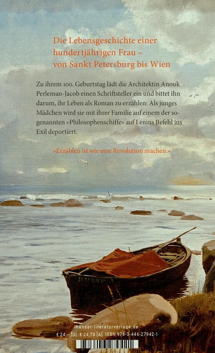 Buchcover von 'Philosophenschiff' von Michael Köhlmeier, zeigt eine Küstenlandschaft mit ruhigem Wasser, vielen Steinen und einem grauen Himmel, darunter ein begleitender Text in blauer und orangefarbener Schrift.