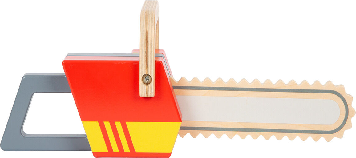 Ein buntes Kinderspielzeug in Form einer Kettensäge aus Holz mit roten, gelben und grauen Elementen.