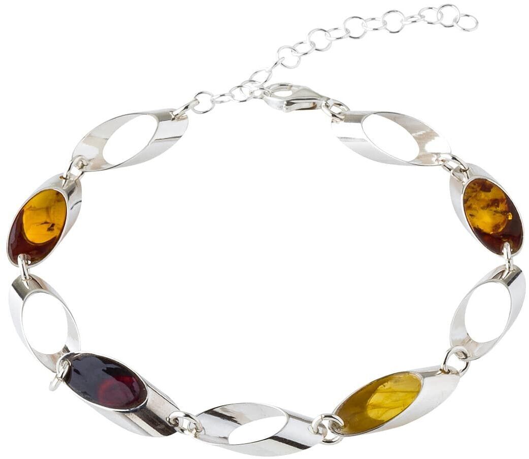 Bernstein-Schmuckset »Fenestra« bestehend aus einem Armband mit abwechselnden ovalen Silber- und Bernsteinelementen. Die Bernsteine sind in verschiedenen Brauntönen und Rot gehalten. Das Armband besitzt ein elegantes und hochwertiges Design.