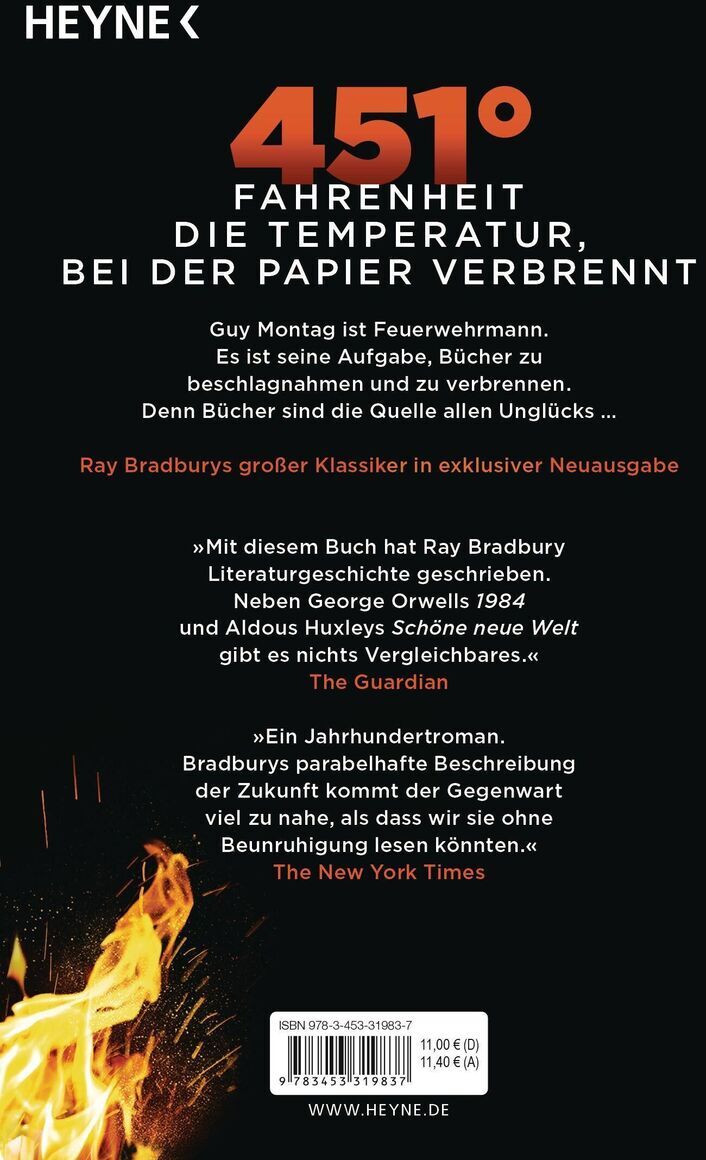 Das Bild zeigt die Rückseite des Buches 'Fahrenheit 451' von Ray Bradbury, veröffentlicht von Heyne Verlag. Der Hintergrund ist schwarz, mit roter und weißer Schrift, und gibt eine kurze Zusammenfassung des Inhalts und Bewertungen von Kritikern.