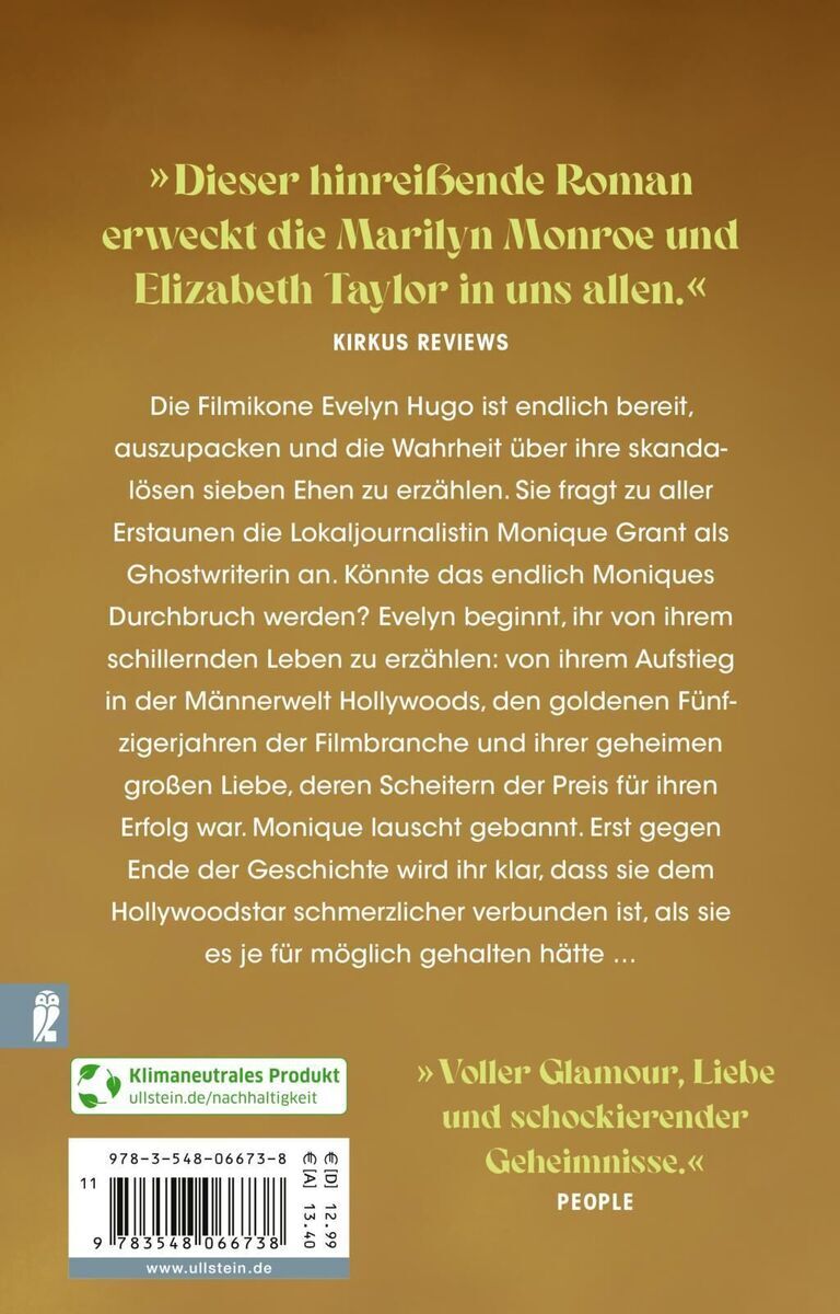 Das Bild zeigt die Rückseite des Buches 'Die sieben Männer der Evelyn Hugo' von Taylor Jenkins Reid. Der Hintergrund ist gelblich und enthält Zitate von Kirkus Reviews und People sowie eine kurze Buchzusammenfassung. Ein grünes Logo kennzeichnet das Buch als klimaneutrales Produkt. Unten sind das Buchformat und die ISBN-Nummer zu sehen.