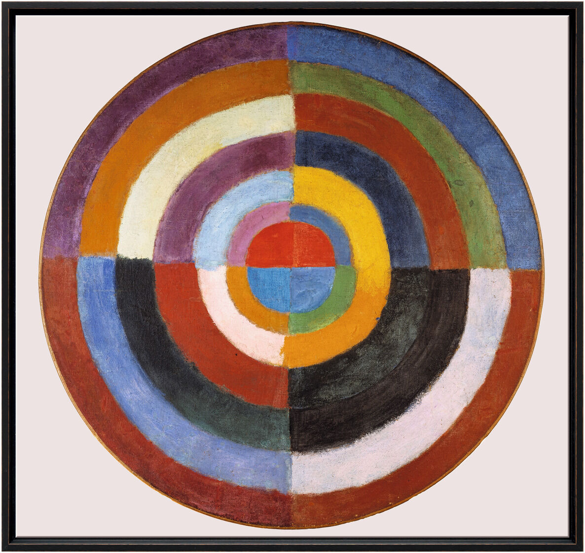 Das Gemälde „Disque (Le premier disque)“ von Robert Delaunay aus dem Jahr 1913 zeigt einen großen Kreis, der in verschiedene farbige Segmente unterteilt ist, darunter Rot, Blau, Grün, Gelb, Lila, Weiß und Schwarz.