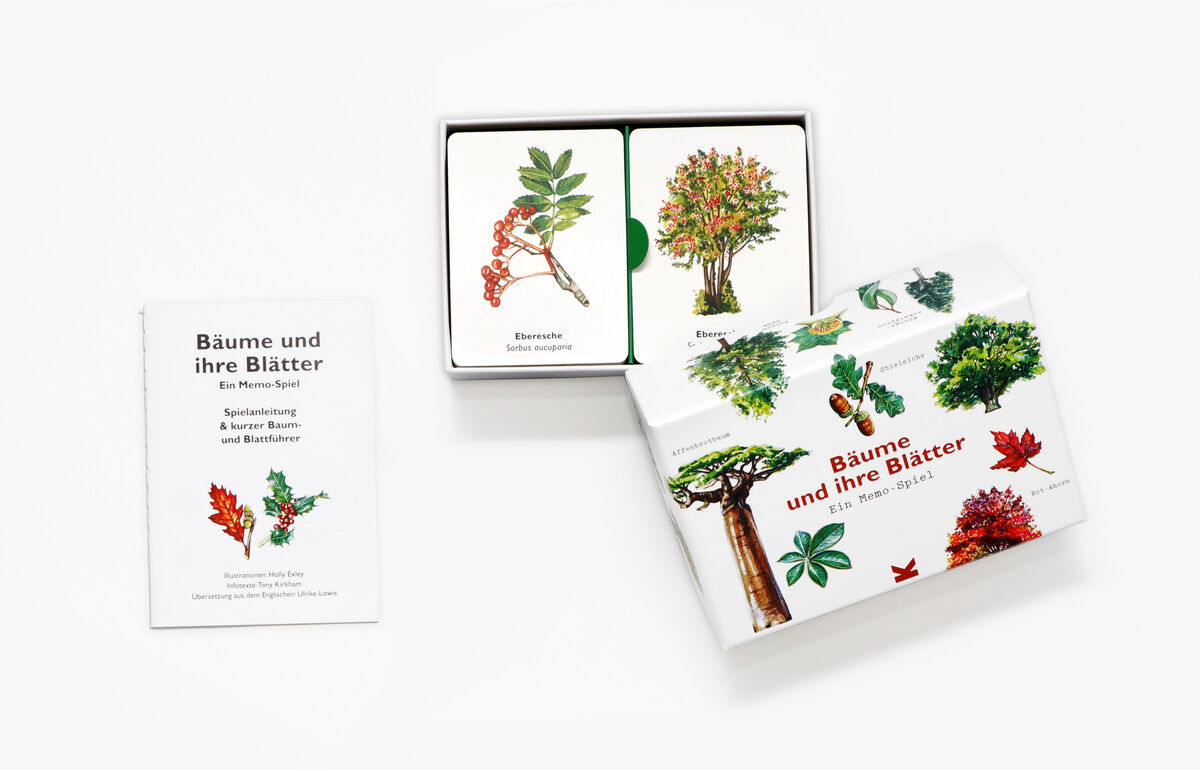 Memo-Spiel 'Bäume und ihre Blätter' mit geöffnetem Karton, einem Stapel von Karten mit verschiedenen Baum- und Blattabbildungen und einer Spielanleitung. Die Karten und Verpackung zeigen bunte und detaillierte Illustrationen von Bäumen und ihren Blättern.