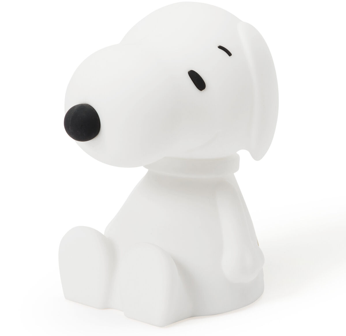 Ein Nachtlicht in Form der Cartoonfigur Snoopy. Das Licht ist hauptsächlich weiß mit schwarzen Akzenten.