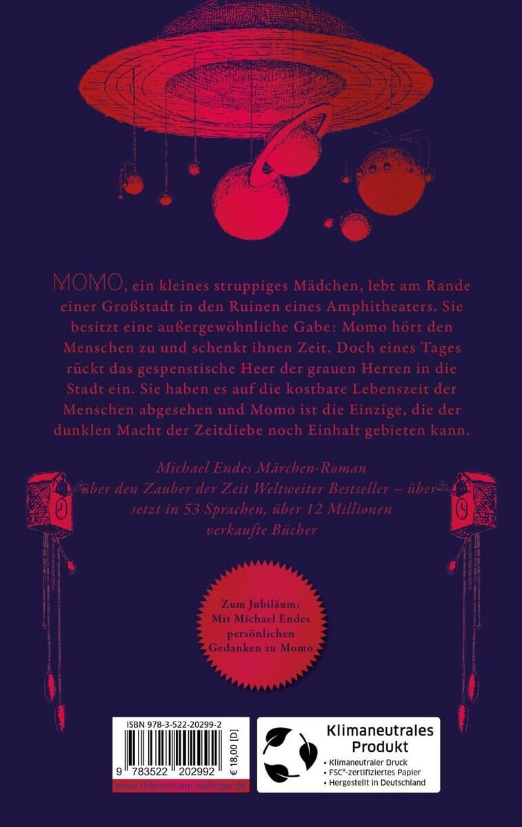 Cover des Buches 'Momo' von Michael Ende. Das Cover ist überwiegend blau mit roten Illustrationen von Uhren und einer Kreidezeichnung eines Gebäudes. Der Text auf dem Cover ist in weißer Schrift.