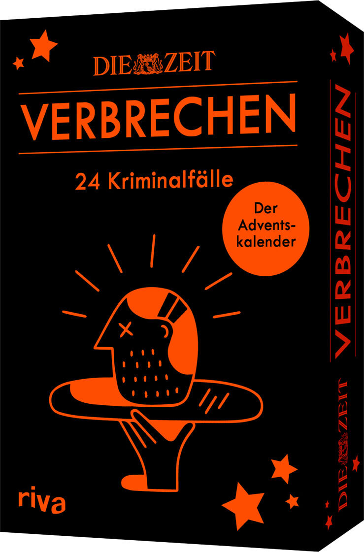 Schwarze Schachtel des ZEIT Verbrechen Adventskalenders mit orangefarbenem Text und Illustrationen, zeigt 24 Kriminalfälle zur Adventszeit.