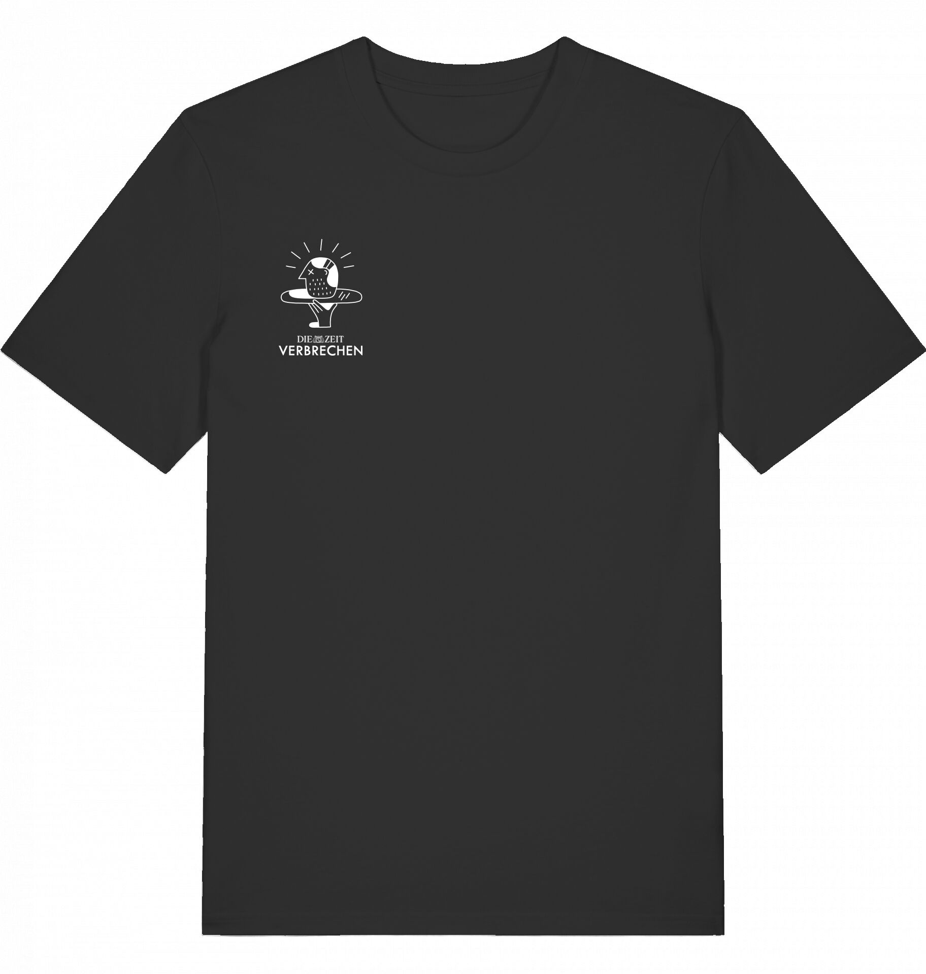 Ein schlichtes schwarzes T-Shirt mit einem weißen ZEIT-Verbrechen-Logo auf der Vorderseite. Das Design ist minimalistisch und modern.