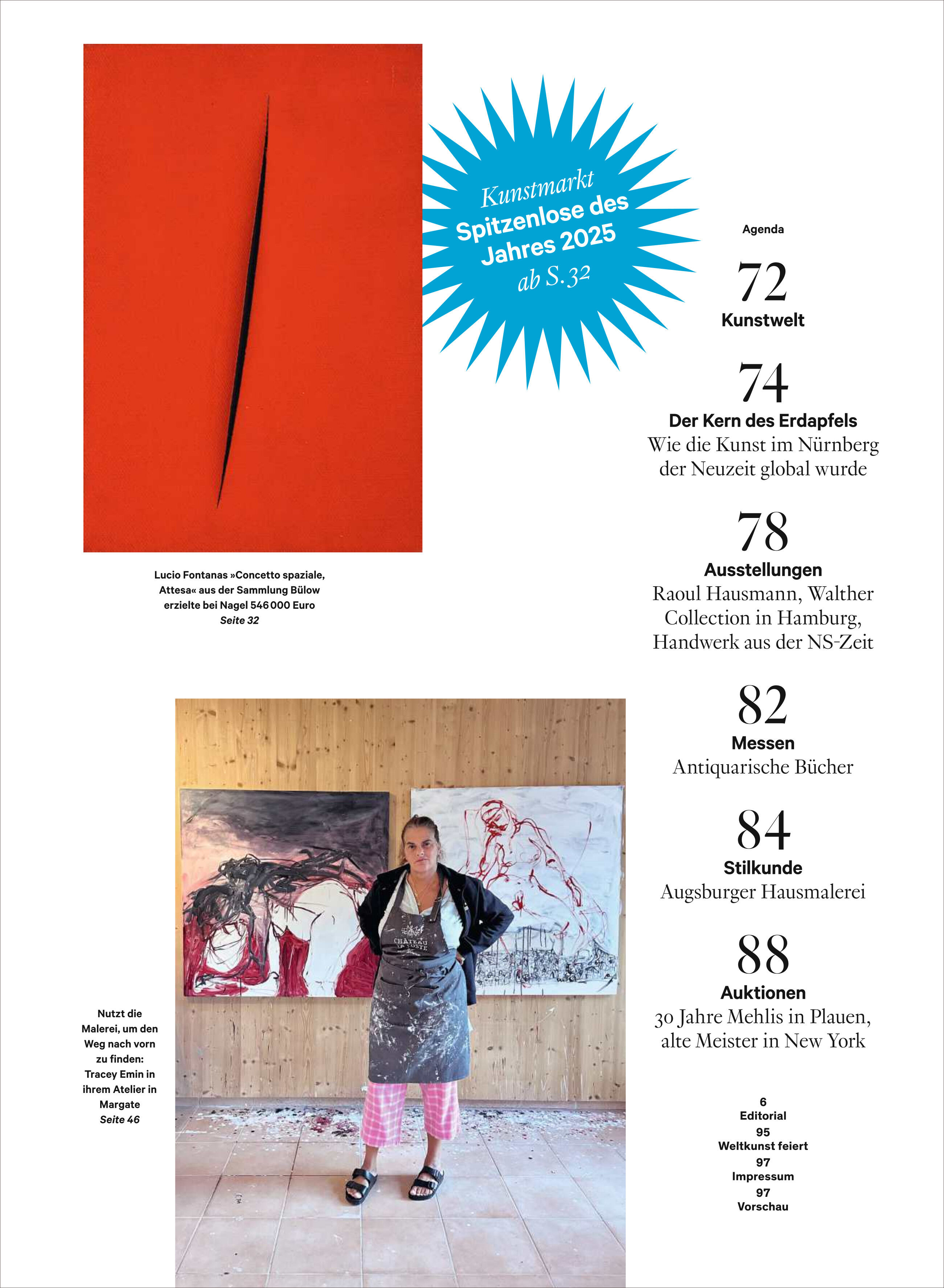 Titelseite des Kunstmagazins WELTKUNST 251/26 Visionär! Die jungen Surrealistinnen. Links oben ein abstraktes Kunstwerk mit tiefem roten Hintergrund und einem schwarzen Schnitt. Unten eine Künstlerin im Atelier vor einer Leinwand mit figurativer Malerei. Rechts Inhaltsübersicht mit schwarzen Lettern auf weißem Grund.