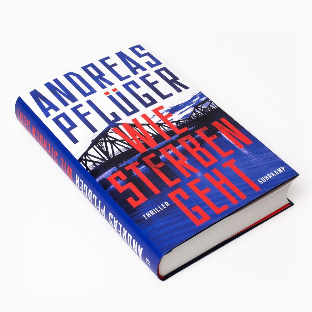 Das Bild zeigt das Buch 'Wie Sterben geht' von Andreas Pflüger. Das Buchcover ist blau mit roten und weißen Schriftzügen. Es handelt sich um einen Thriller, der im Sunpoort Verlag erschienen ist. Auf dem Cover ist eine Brücke abgebildet.