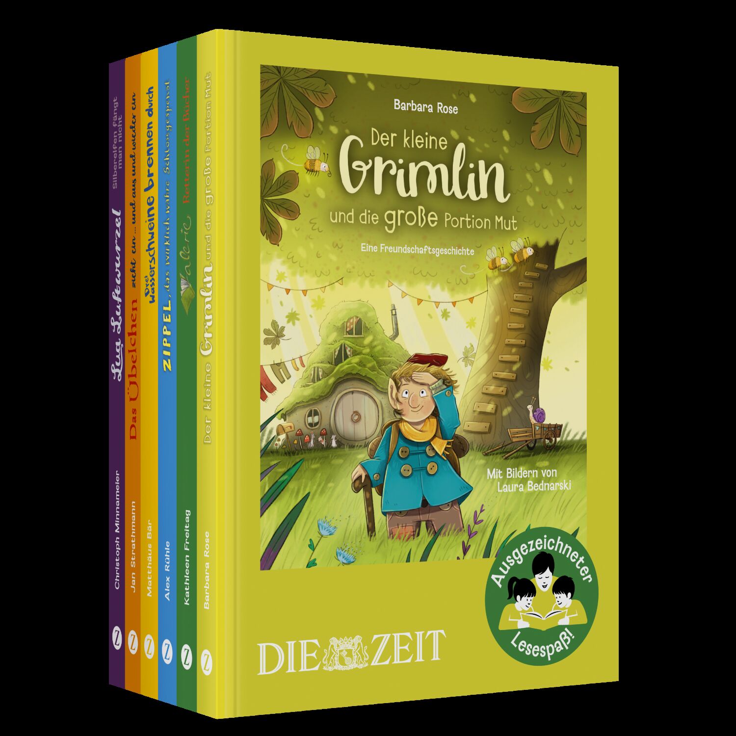 Sechs farbenfrohe Kinderbücher im Hochformat, seitlich aneinandergestellt, mit sichtbaren Rücken und dem vordersten Titel "Der kleine Grimlin und die große Portion Mut". Der Einband ist aufwendig illustriert mit einer Wichtelfigur vor einem freundlichen Baumhaus. Ein grünes ZEIT-Edition-Siegel "Ausgezeichneter Lesespaß" ist sichtbar.