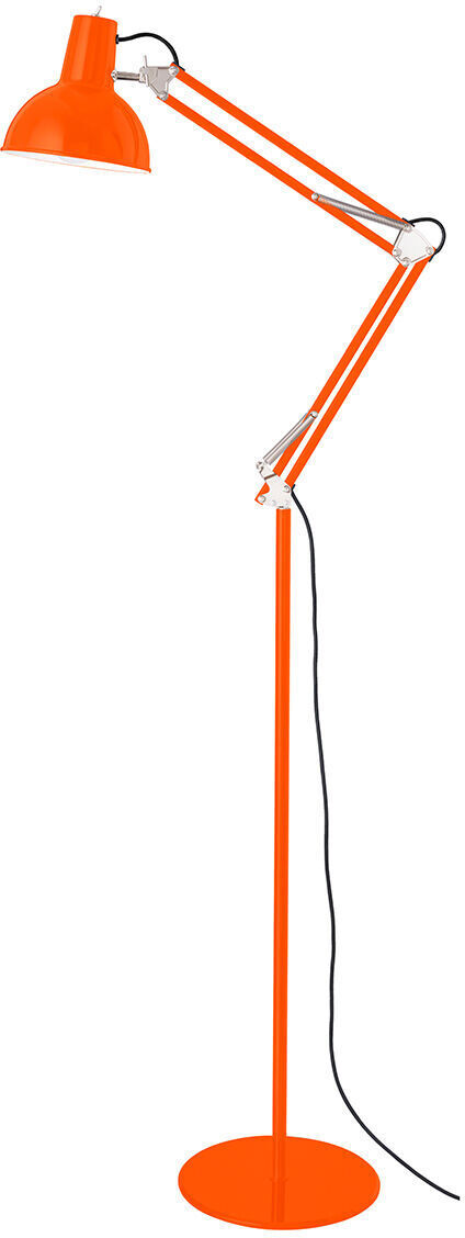 Bild einer eleganten Stehleuchte »Federzug« aus der ZEIT-Sonderedition. Die Lampe ist in einem auffälligen Rot gehalten und weist ein verstellbares Design mit Metall- und Kunststoffelementen auf.