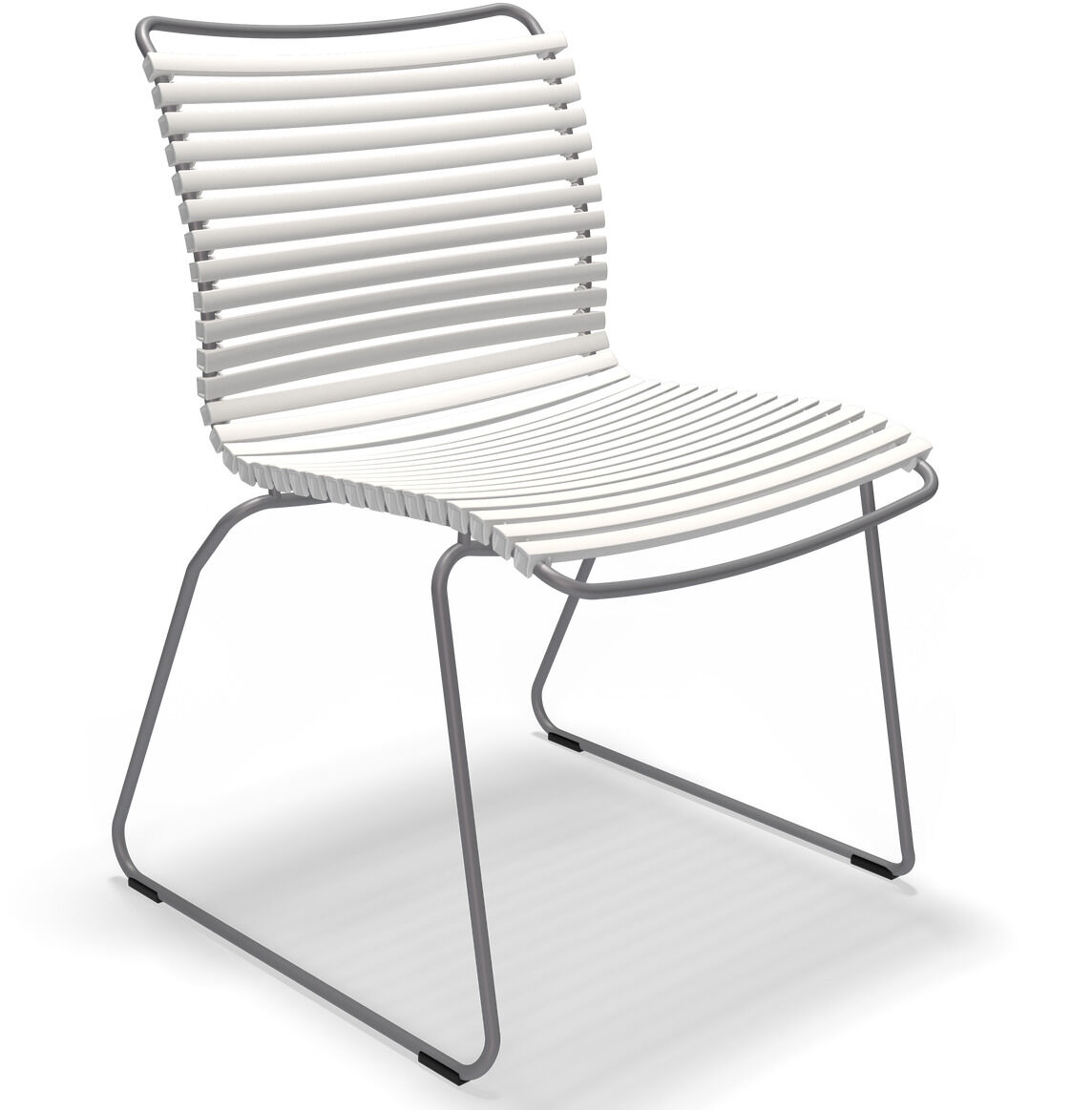 Ein moderner Esszimmerstuhl ohne Armlehne, bestehend aus einem minimalistischen Design mit weißen PVC-Latten und einem grauen Stahldrahtgestell, ideal für Innenarchitektur und Wohndekoration.