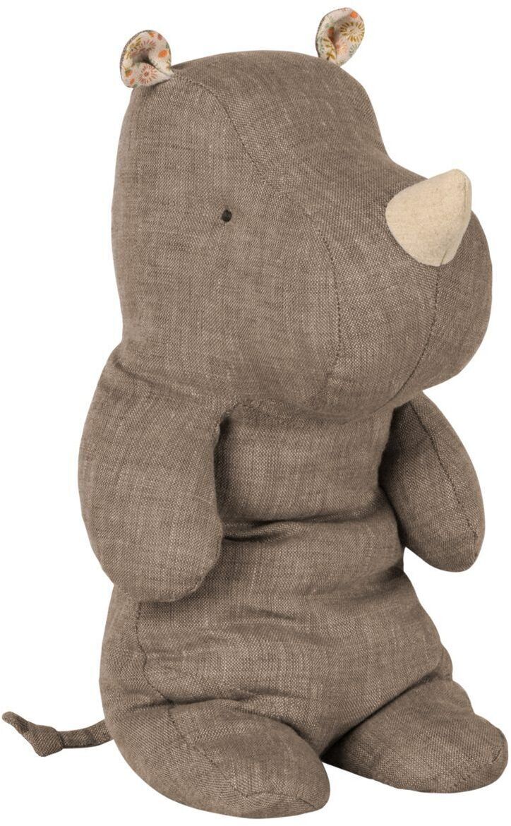 Ein 30 cm großes Kuscheltier in Form eines Nashorns, das aus braunem Stoff gefertigt ist. Es hat ein schlichtes, kindgerechtes Design mit einem weichen und flauschigen Aussehen.