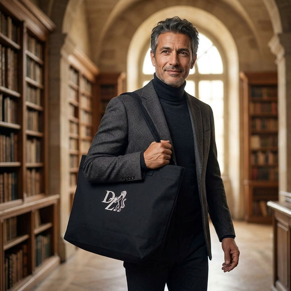 Ein stilvoll gekleideter Mann steht in einer historischen Bibliothek und trägt eine große, schwarze ZEIT Canvas-Tasche aus Baumwoll-Canvas mit dezentem weißen Logo. Die Tasche wirkt robust, elegant und bietet viel Platz, Regalwände mit Büchern im Hintergrund.