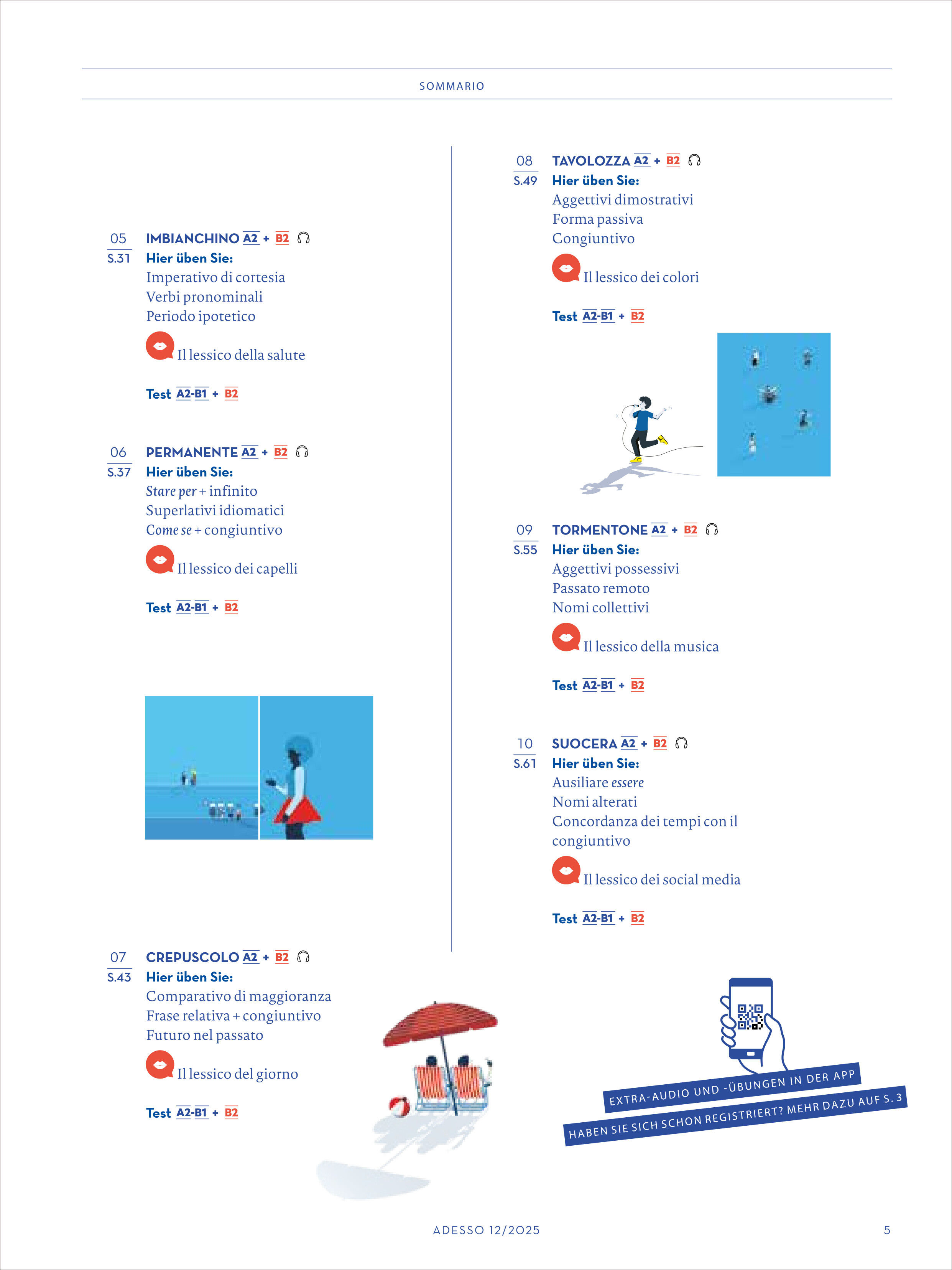 Titelblatt und Inhaltsverzeichnis der Adesso Magazin Sonderausgabe 12/2025 mit italienischen Themen, listet verschiedene Artikel mit kleinen Illustrationen, hauptsächlich in hellen Farben wie Blau, Rot und Weiß gehalten, geeignet zum Italienischlernen und zur Verbesserung der Sprachkenntnisse.