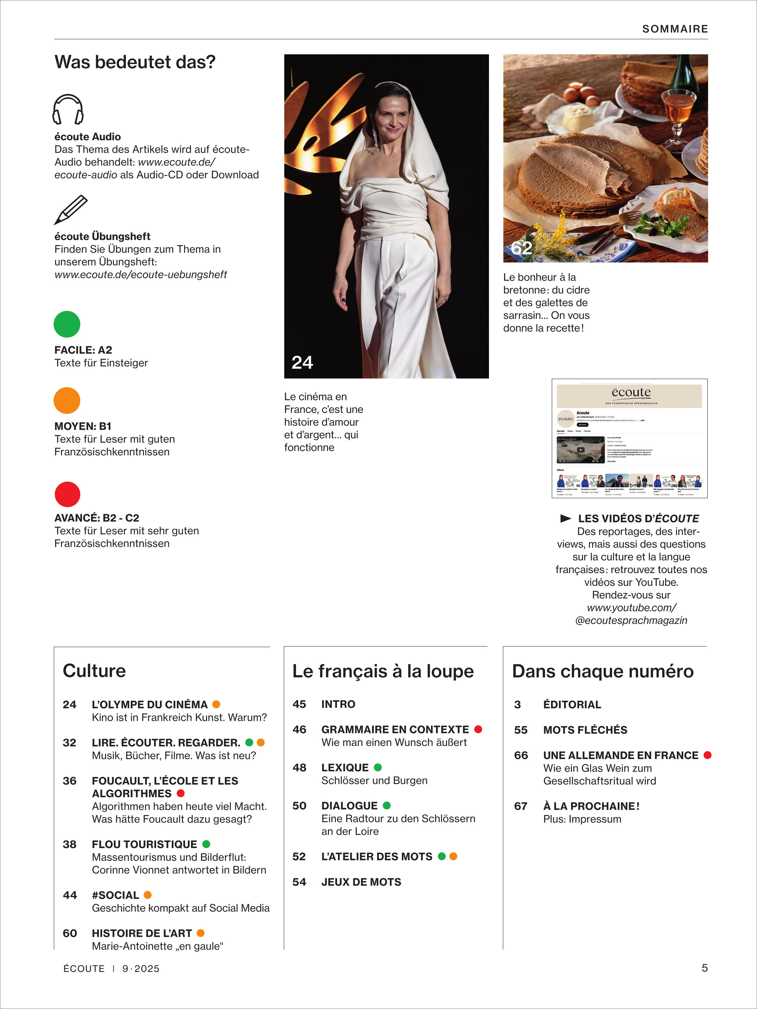 Titelseite und Inhaltsverzeichnis des Écoute Magazins 9/2025 mit Textblöcken, bunten Markierungen und einer Frau in eleganter Kleidung. Das Layout beinhaltet Rubriken zu Sprachlernübungen, Kulturthemen, Hörbeispielen und Audioangeboten für Französischlernende.