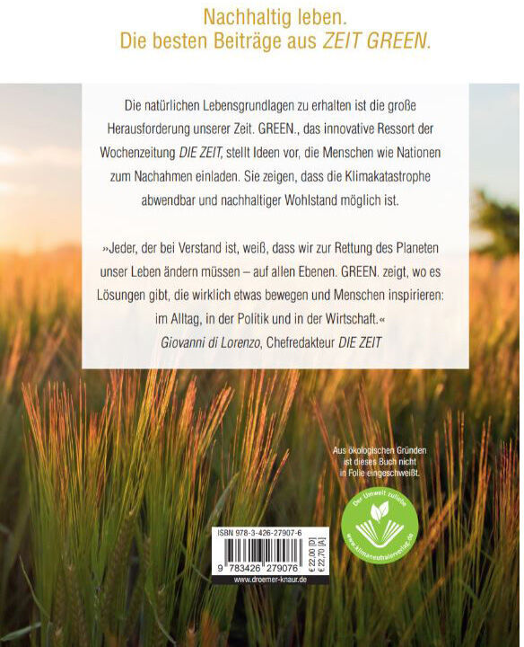 Rückseite des Buches 'ZEIT GREEN' mit grünem und gelbem Text auf weißem Hintergrund sowie einem Bild von grünen Pflanzen im Vordergrund.