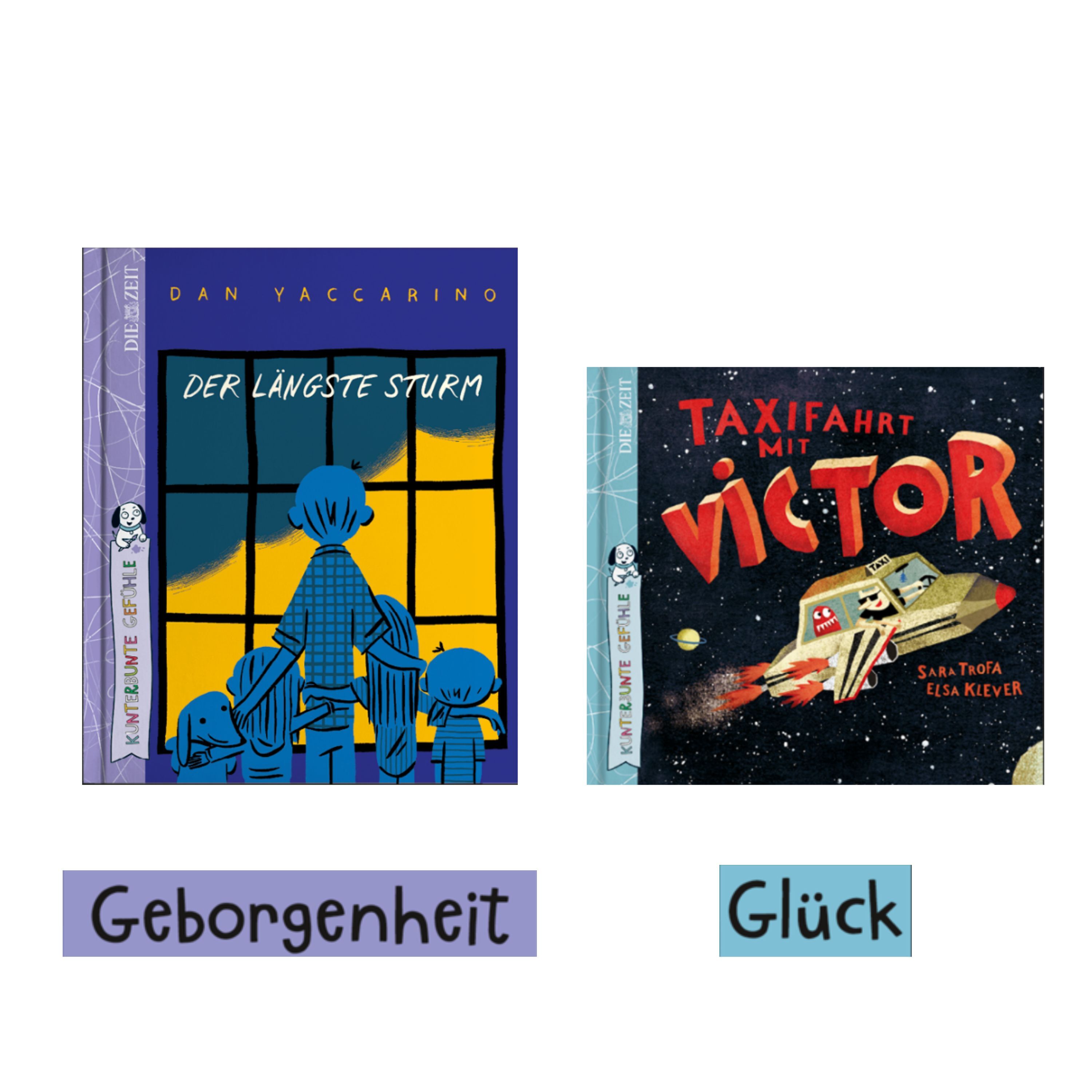 Zwei liebevoll illustrierte Buchcover aus der ZEIT-Edition »Kunterbunte Gefühle«: Links »Der längste Sturm« mit einer Familie vor einem gelb erleuchteten Fenster unter dem Buch steht das Thema Geborgenheit. Rechts »Taxifahrt mit Victor«, ein fröhliches Taxi auf dunklem Hintergrund, betont das Thema Glück.