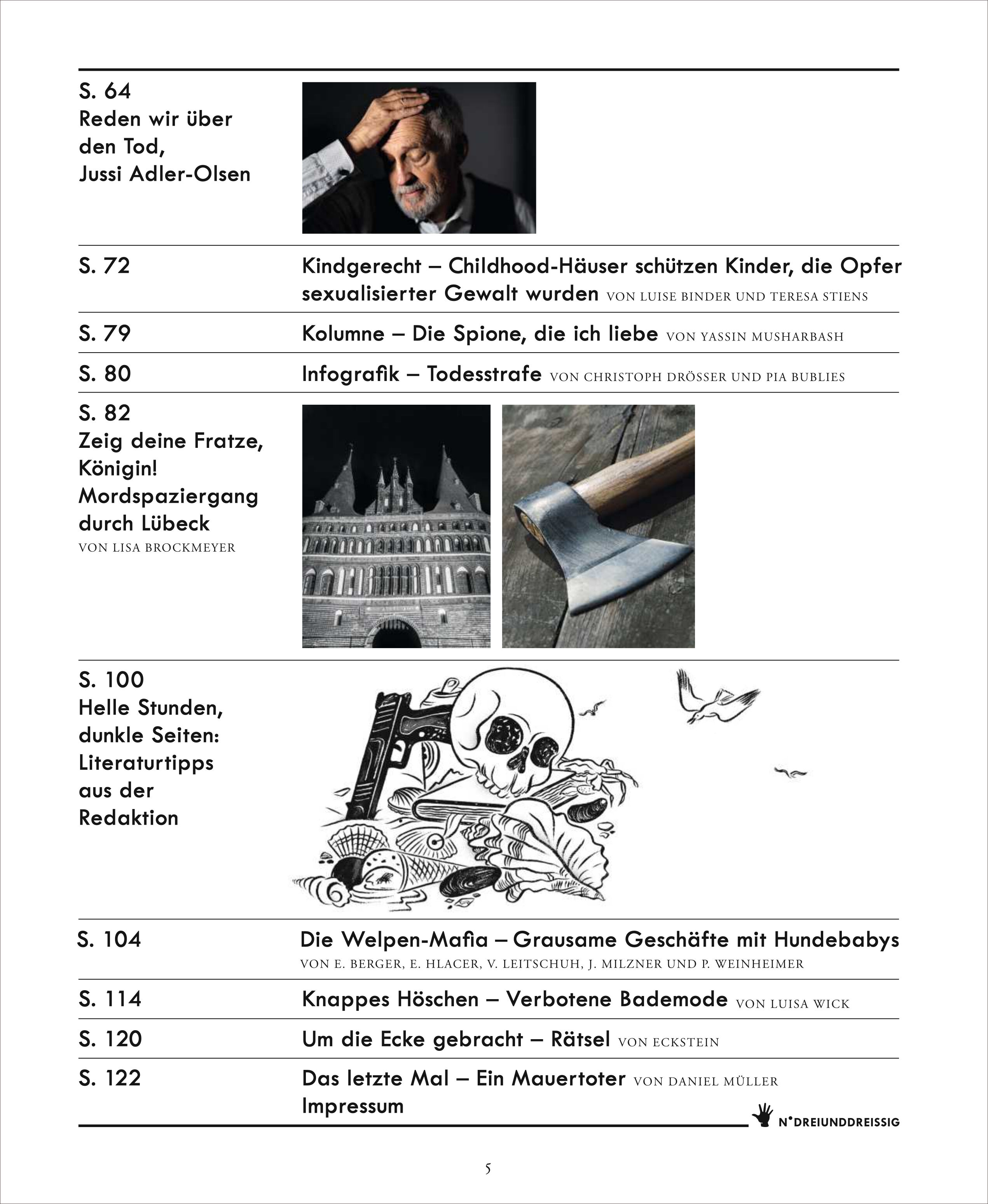 In dem Bild ist eine schwarzweiße Inhaltsseite des Magazins ZEIT VERBRECHEN 33/25 zu sehen. Links stehen Kapitelüberschriften zu Themen wie Mord, Kinderschutz, Reportagen, Kolumnen und Hundemafia. Rechts sind dazu passende Schwarzweiß-Illustrationen wie ein Porträt, ein Schloss, eine Krone und ein Skelett zu sehen. Das Layout ist aufgeräumt und lesbar gestaltet.