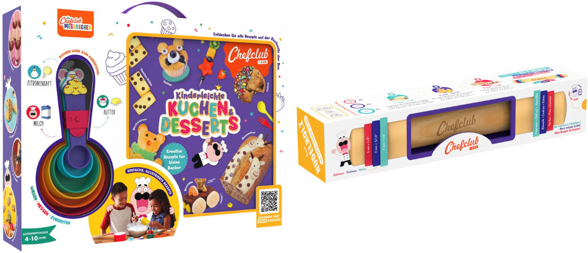 Ein buntes Kinder-Backset mit Messbechern und einem Backbuch mit dem Titel „Küchendesserts“. Geeignet für junge Bäcker, enthält es verschiedene Backutensilien und kinderfreundliche Kochanleitungen.