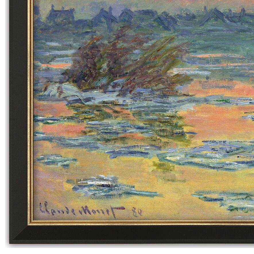 Detailreiches impressionistisches Gemälde „Sonnenuntergang an der Seine im Winter“ von Claude Monet. Zeigt eine winterliche Flusslandschaft im goldenen Sonnenuntergang, pastellfarbene Reflexionen auf dem Wasser, mit weichen Pinselstrichen, gerahmt in schwarzem Massivholzrahmen.
