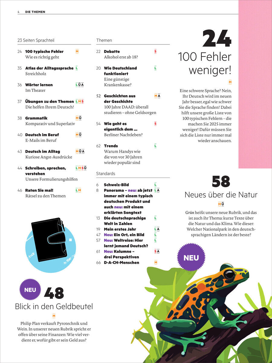 Cover des Deutsch perfekt Magazins Ausgabe 1/25 mit einem bunten Frosch im unteren Bereich, Überschriften zu Themen wie Natur und Fehlervermeidung sowie verschiedenen Sprachübungen.