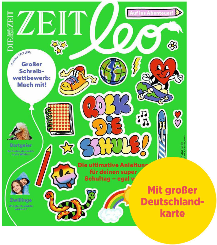 Zeitschrift ZEIT LEO 6/21 mit dem Titel 'Rock die Schule!'. Die farbenfrohe Titelgestaltung zeigt verschiedene Comic-Elemente wie einen Regenbogen, eine grüne und blaue Schlange, und einen wettbewerbsaufruf für Kinder 'Großer Schreibwettbewerb'. Der Hintergrund ist grün, mit bunten und spielerischen Designs sowie einer gelben Blase, die auf eine Deutschlandkarte hinweist.