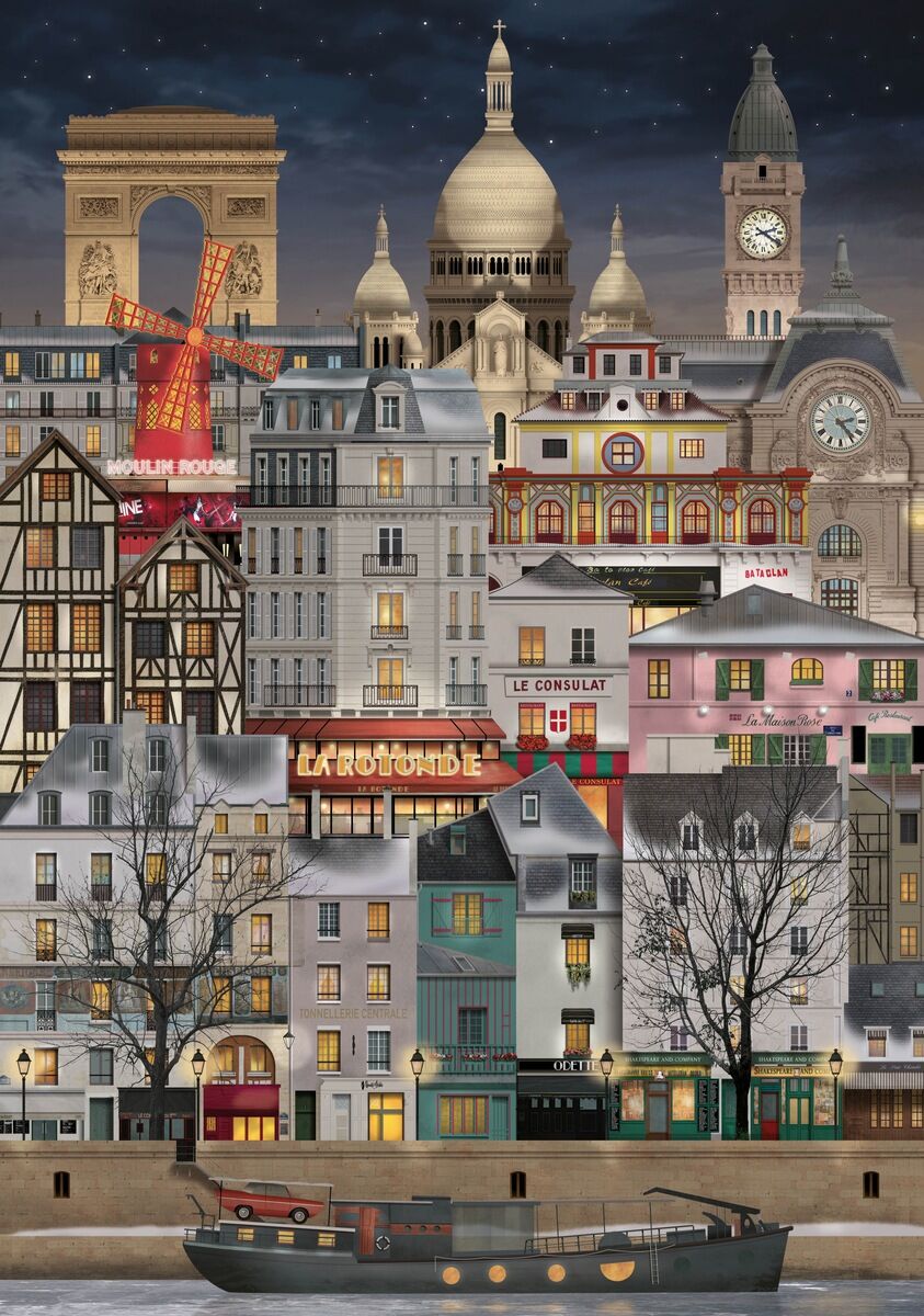 Illustration eines Puzzles mit dem Titel »Weihnachten in Paris«. Das Bild zeigt eine winterliche Stadtansicht von Paris mit ikonischen Gebäuden wie dem Arc de Triomphe, Moulin Rouge, Sacre-Coeur und vielen anderen historischen Gebäuden. Die Stadt ist mit weihnachtlicher Dekoration beleuchtet, und im Vordergrund befindet sich ein verschneites Boot auf dem Wasser.