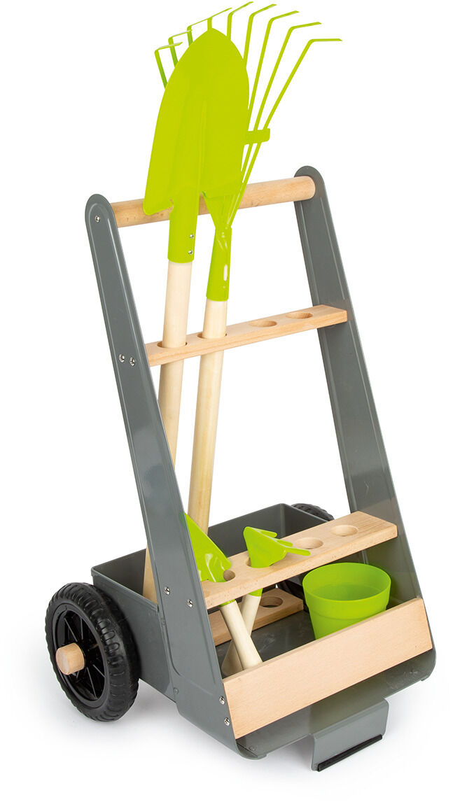Ein Gartentrolley mit Werkzeug-Set für Kinder, bestehend aus grünem Gartenwerkzeug, auf einem grauen und holzfarbenen Fahrgestell.
