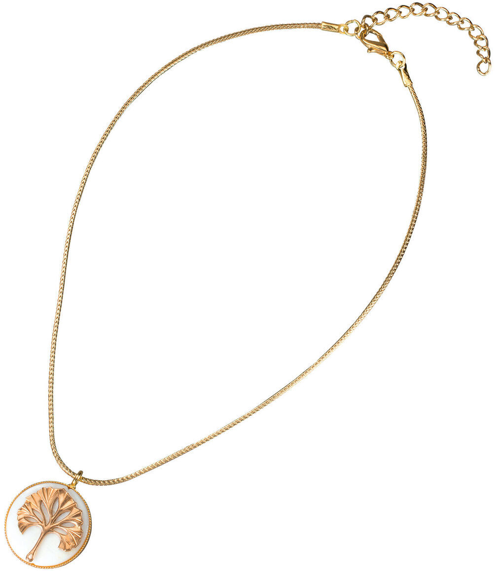 Ein elegantes Ginkgo-Collier mit einem Perlmutt-Anhänger, der ein Ginkgo-Baum-Motiv in Gold zeigt, an einer feinen goldfarbenen Kette. Perfekt für besondere Anlässe.