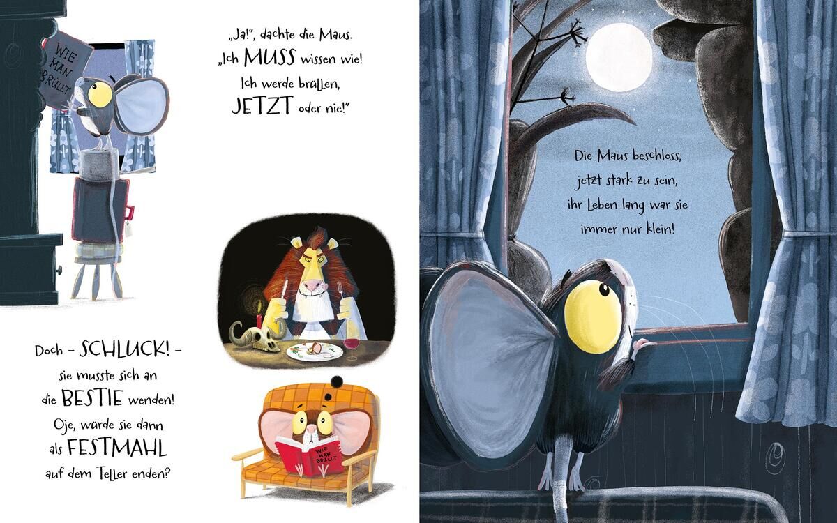 Illustration aus dem Kinderbuch 'Der Löwe in dir.' Auf der linken Seite stellt eine Maus mit gelber Nase und Brille eine Frage an einen Löwen, der auf einem Thron sitzt. Auf der rechten Seite hält die Maus eine Laterne und blickt aus einem Fenster in die Nacht hinaus.