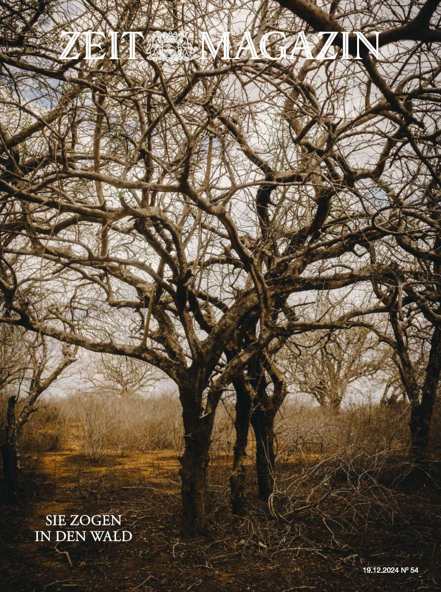 Cover des ZEIT Magazins mit dem Titel 'Sie zogen in den Wald' zeigt eine atmosphärische Waldszene mit kahlen Bäumen und verwobenen Ästen in erdigen Brauntönen.