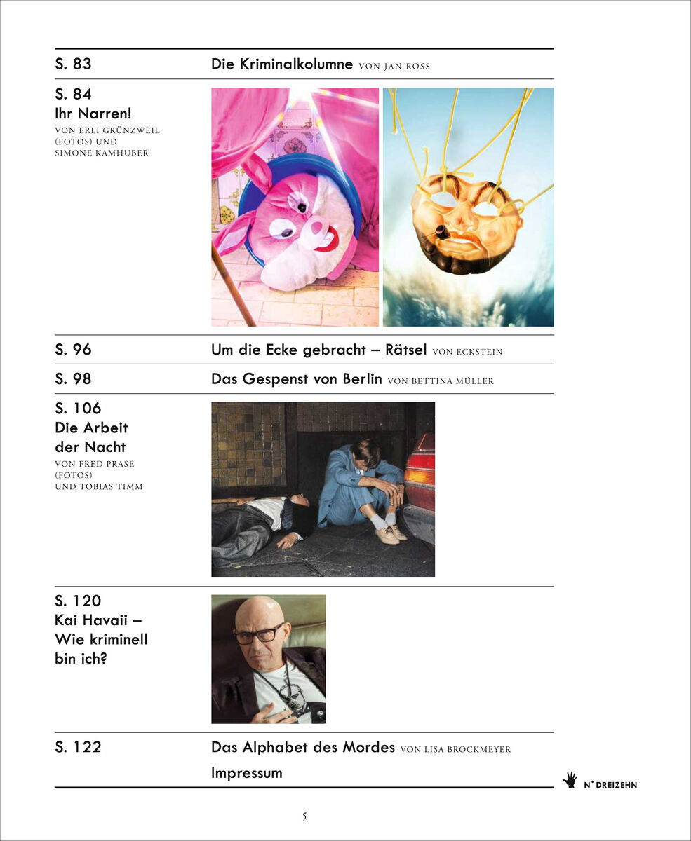ZEIT VERBRECHEN 13/22 Magazin zeigt eine Sammlung von Artikelseiten mit verschiedenen Bildern und Text, einschließlich einer Kriminalkolumne, einem Rätsel und anderen Verbrechens-bezogenen Inhalten.