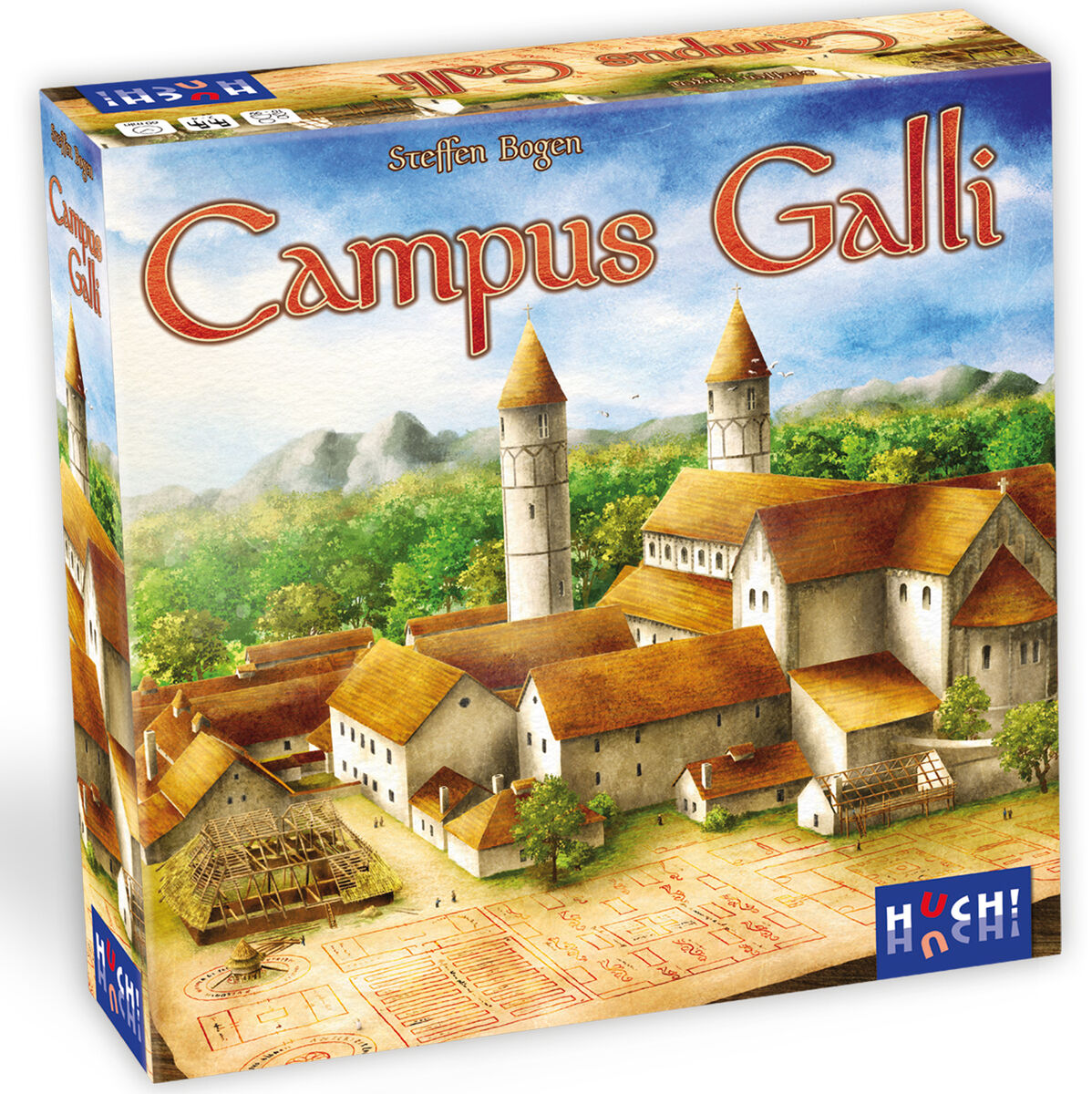 Die Verpackung des Brettspiels »Campus Galli« von Steffen Bogen zeigt eine Illustration eines mittelalterlichen Klosters umgeben von grüner Landschaft und blauen Himmel. Im Vordergrund sind Baupläne und die Umgebung detailreich dargestellt.