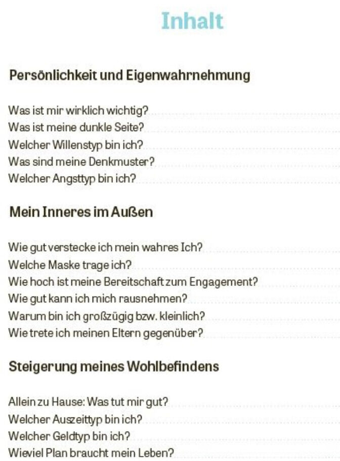 Das Bild zeigt das Inhaltsverzeichnis des ZEIT WISSEN Magazins »Das macht mich aus!«. Es listet mehrere Themen und Fragen zur Persönlichkeitsentwicklung und Selbstwahrnehmung auf. Die Schriften sind schwarz auf weißem Hintergrund, mit grünen Akzenten.