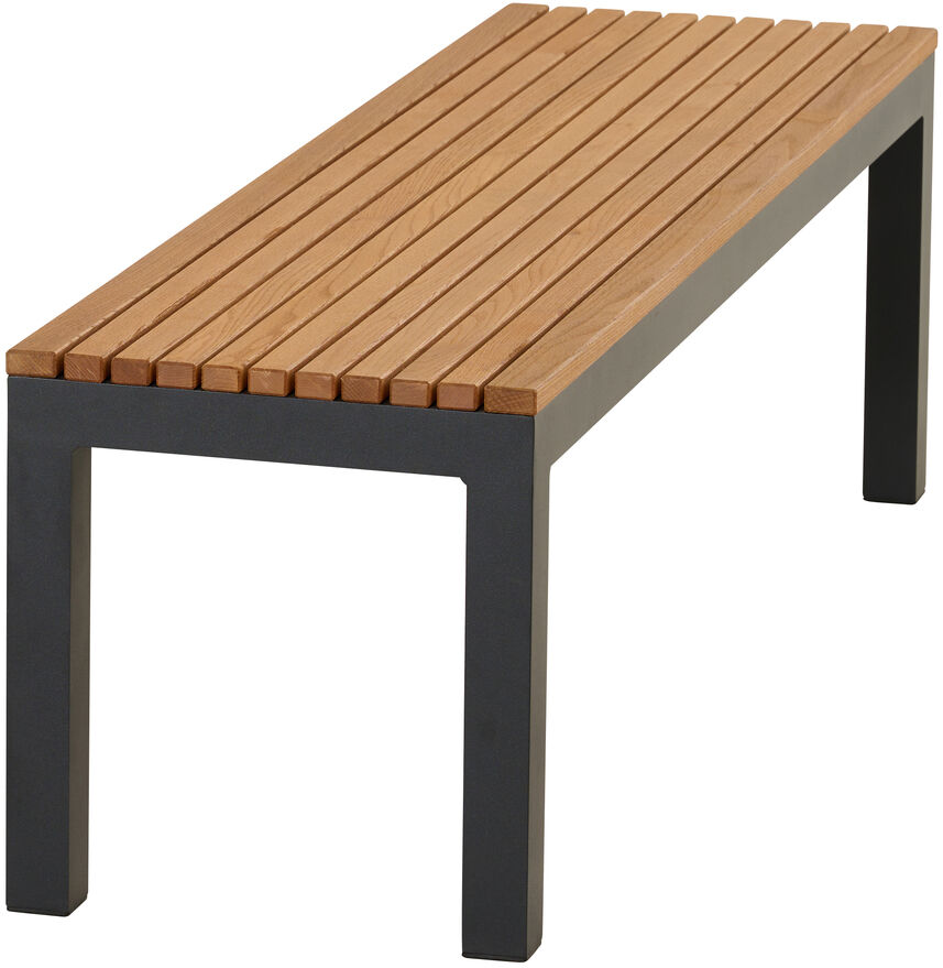 Holzbank mit braunen Latten und schwarzem Metallgestell, geeignet für den Außenbereich, minimalistisch und modern im Design.