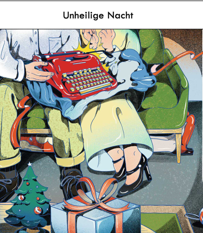 Illustration auf dem Cover des Magazins ZEIT VERBRECHEN 18/22. Ein Paar sitzt auf einem grünen Sofa, das auf einem grau-blauen Boden steht. Der Mann tippt auf einer roten Schreibmaschine und es gibt ein Geschenk und einen kleinen Weihnachtsbaum am unteren Bildrand. Das Titelthema lautet 'Unheilige Nacht'.