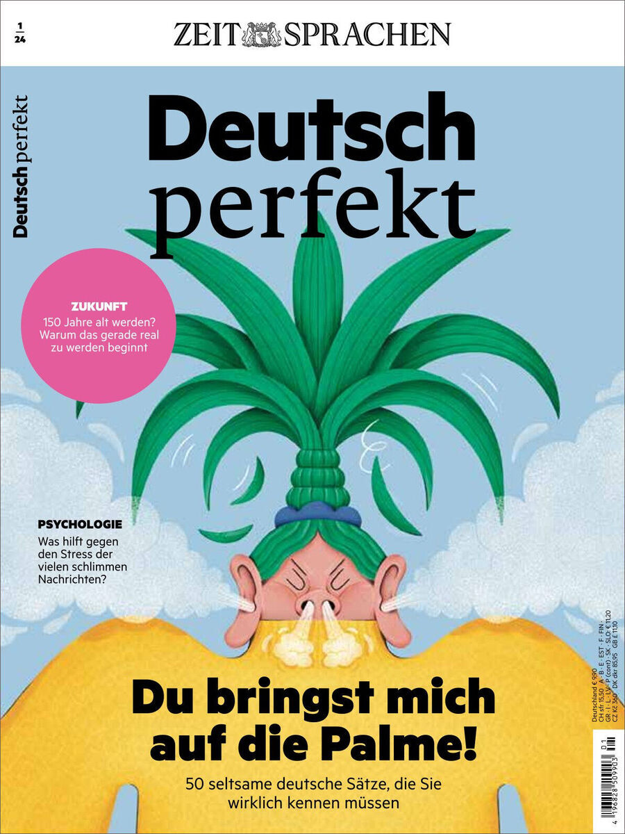 Ein Cover des Magazins Deutsch perfekt 01/2024 mit einer Illustration einer Person mit grünen Haaren in Form einer Palme und gelbem Hintergrund. Die Überschrift lautet: 'Du bringst mich auf die Palme! 50 seltsame deutsche Sätze, die Sie wirklich kennen müssen'.